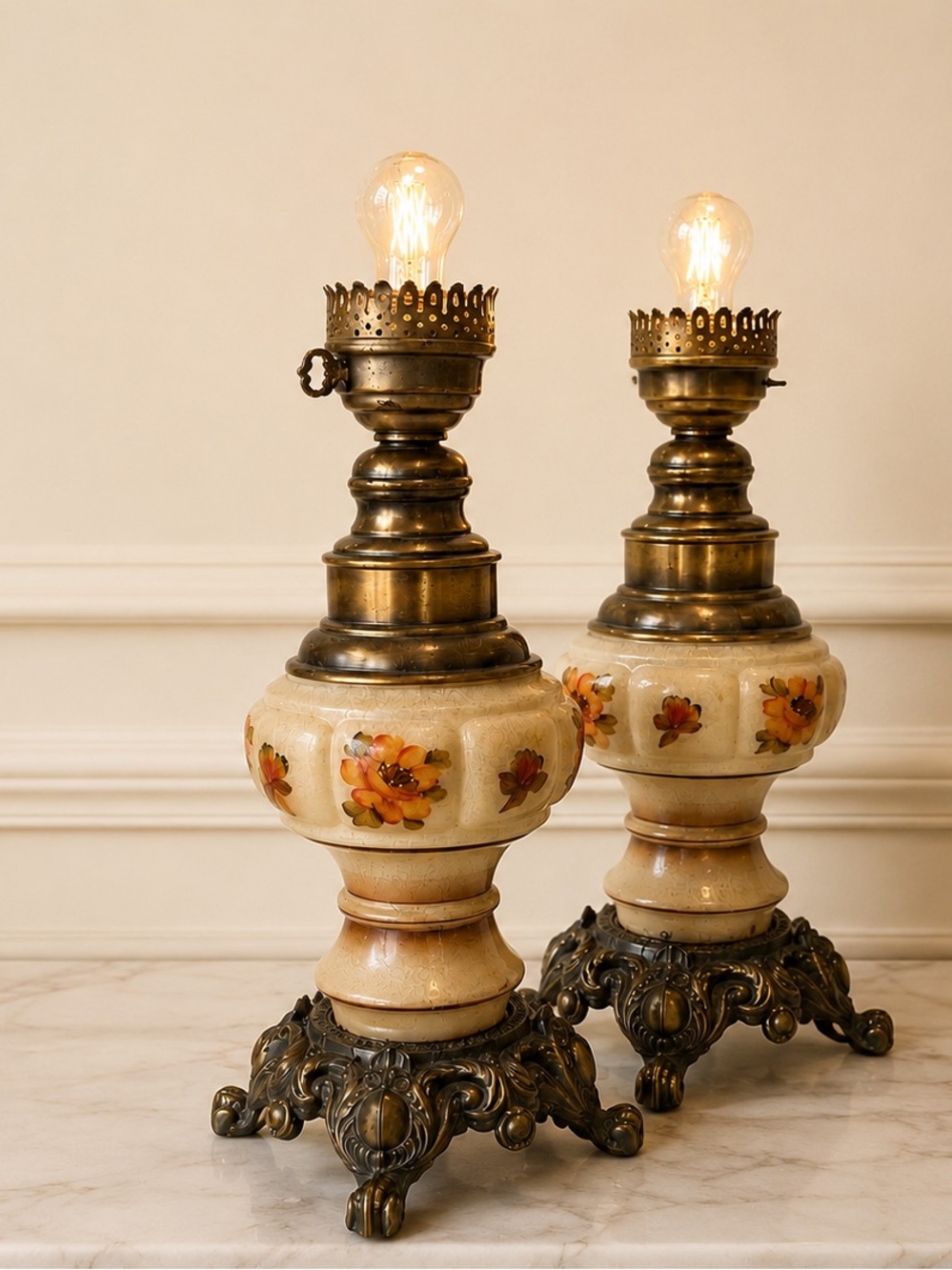 Vintage “Gone With the Wind” Style Hurricane Lamps — Sold as a Pair